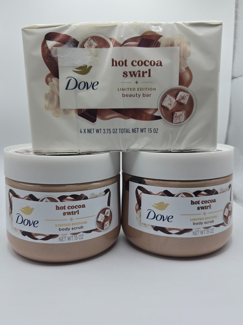 Dove Limited Edition Hot Cocoa Swirl Body Scrub & 4 Pack Beauty Bars